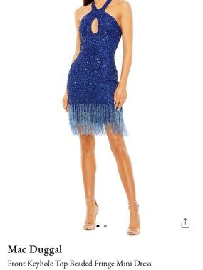 Mac Duggal Royal Blue Beaded Halter Fringe Mini Dress
